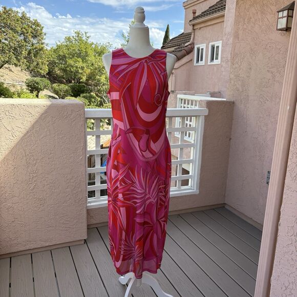 Farm Rio Women Large Endless Floral Tulle Midi Dress Pink Toucan Tropical Hawaii - Picture 2 of 16